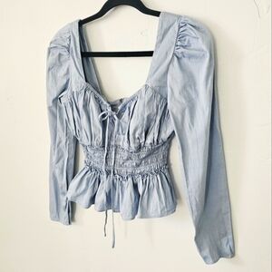 WAYF Blue Long Sleeves Tie Trim Plunge Neck Elastic Waist Women Top Size M